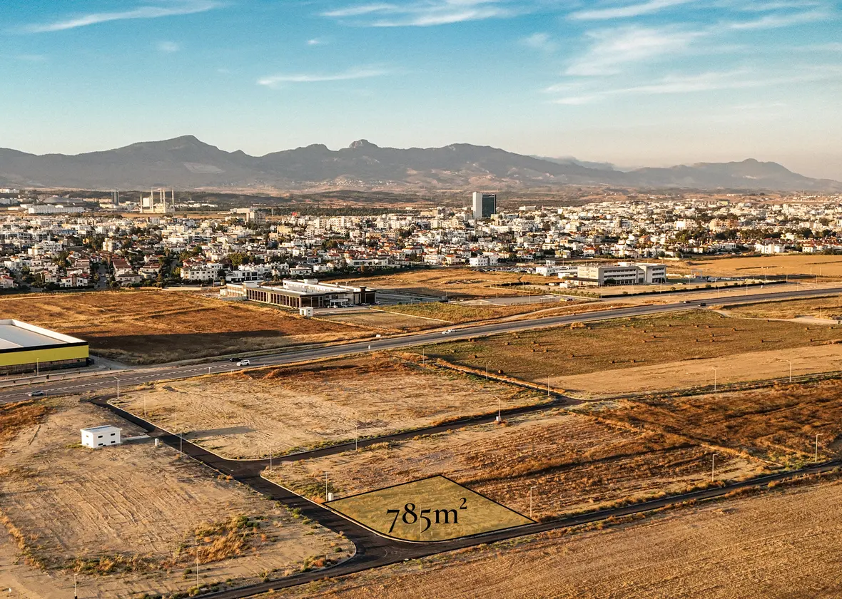 Aerial view of Parcel I, the corner commercial plot at Metehan, Nicosia