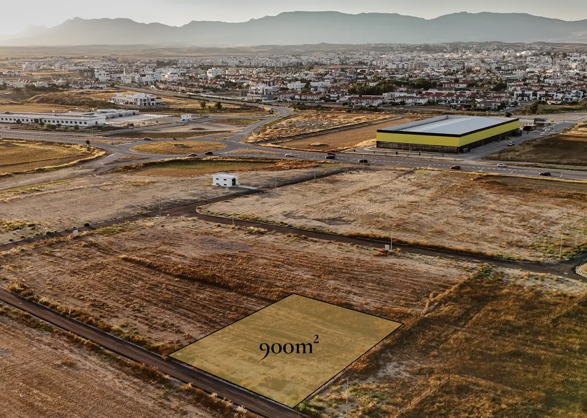 Aerial view of Parcel IV, the corner plot with green space frontage at Metehan, Nicosia