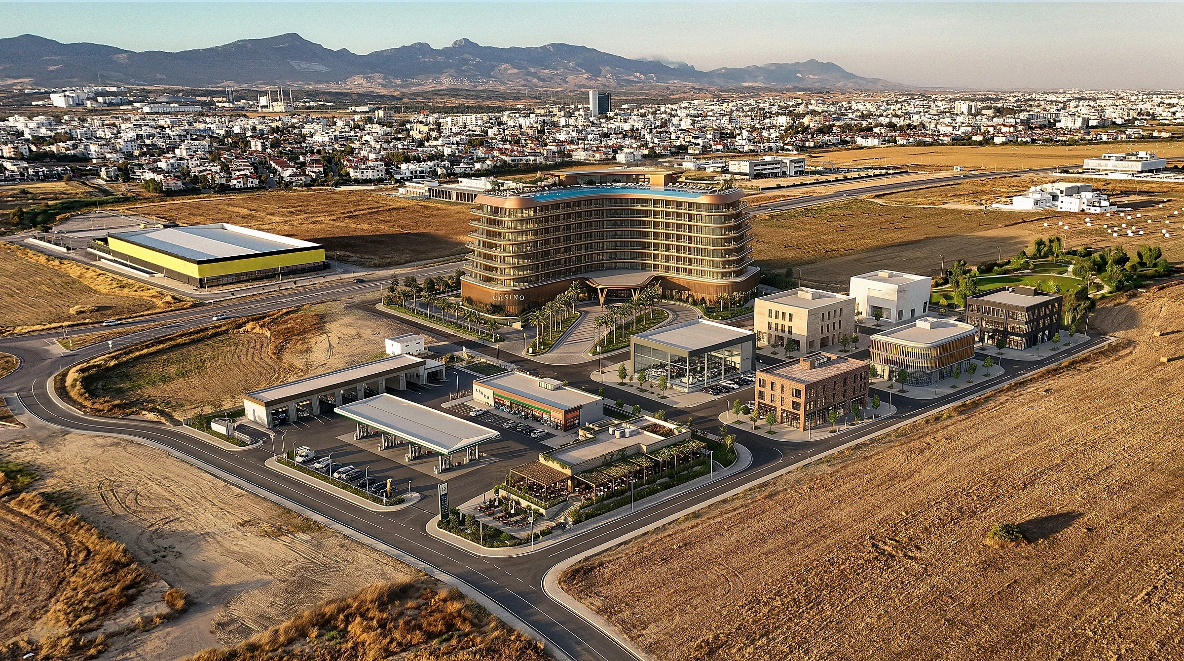 2030 vision render: hotel, casino and commercial buildings on the Lider parcels at Metehan, Nicosia